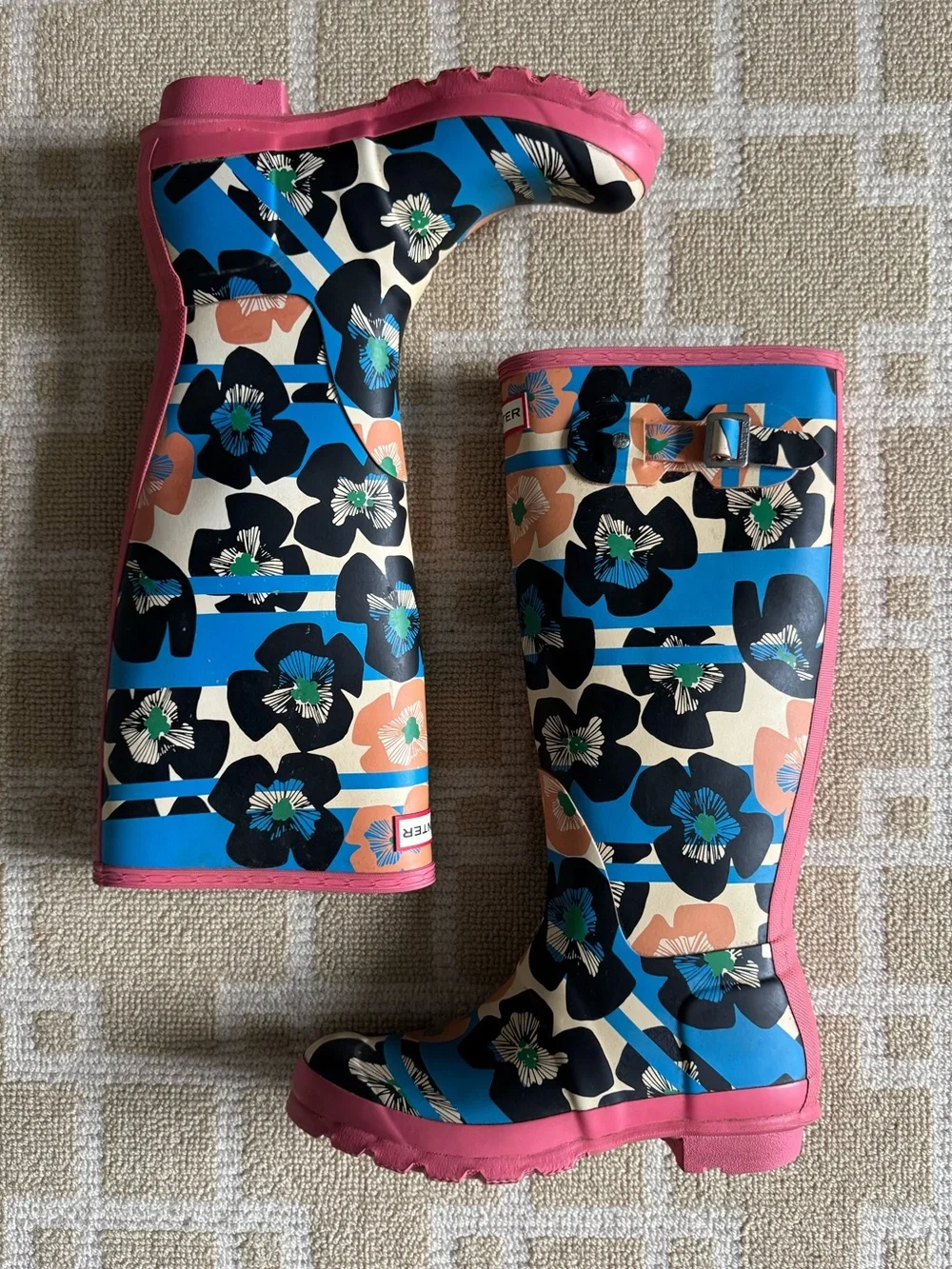 Hunter Original Tall Floral Print Rain Boots Waterproof Pink Blue Women’s US 7